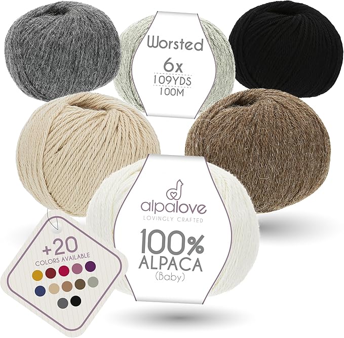 Worsted Set (6 x 1.75 oz) Super Soft Baby Alpaca Knitting Yarn Snow Leopard 656 Yards