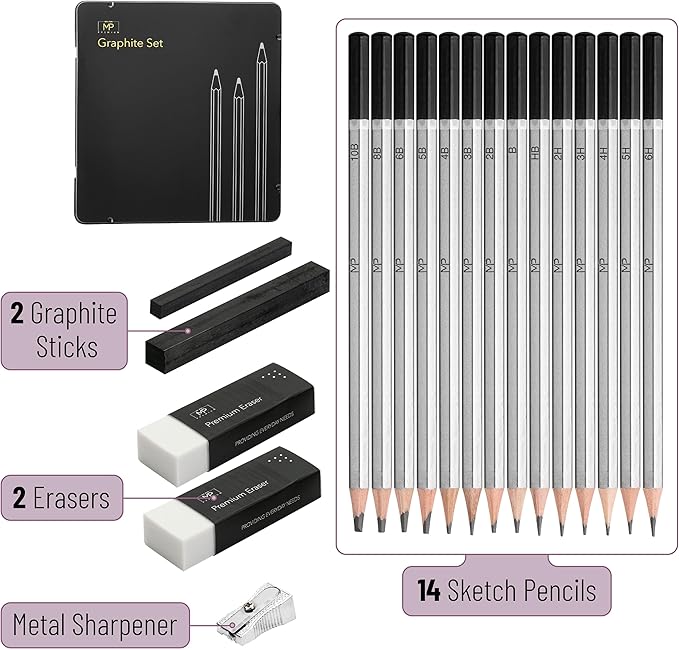 Mr. Pen- Sketch Pencils for Drawing, 19 Pcs, With Graphite Sticks, Erasers and Sharpener, Art Pencils for Sketching