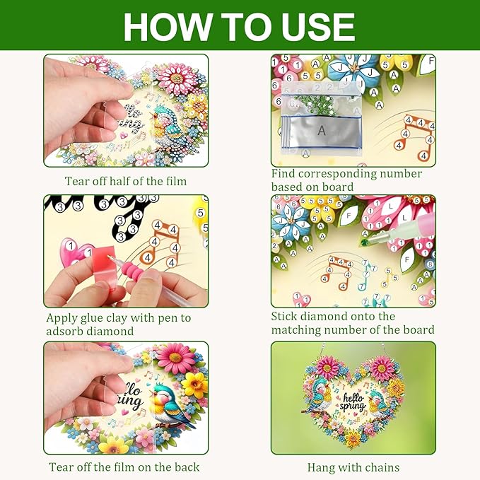 CEOVR Spring Brids Hanging Diamond Painting, Brids Sing Diamond Art for Adults Pendant DIY Spring Flowers Gem Art Wall Hanging Ornament, Acrylic Home Garden Decor with Chain, Box Kit 7.77×7.16inch