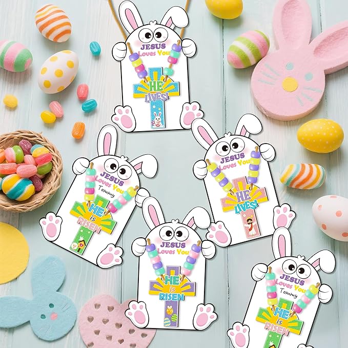 BeYumi Easter Necklace Craft Kit - 24Pcs DIY Easter JESUS IS RISEN Wooden Cross Pendant Beads Necklace Making with Bunny Greeting Card Christian Religious Gift Kids Church School Classroom Party Favor