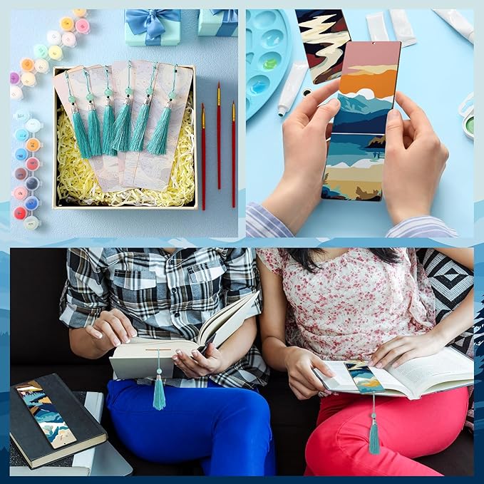 Kosiz 12 Pcs Mountain Paint by Numbers Kit for Adults Wood Bookmark Painting Decor Mini Paint by Numbers Kit Tassels Blank Bookmarks Craft for Small DIY Book Lovers Gift 7x2 ''
