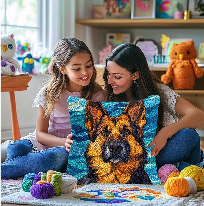DIY Latch Hook Pillow Kits for Adults German Shepherd Dog Printed Pillowcase Crochet Yarns Hooking Handmade Pillow Cover Cushion for Home Sofa Decoration 17x17inch-1