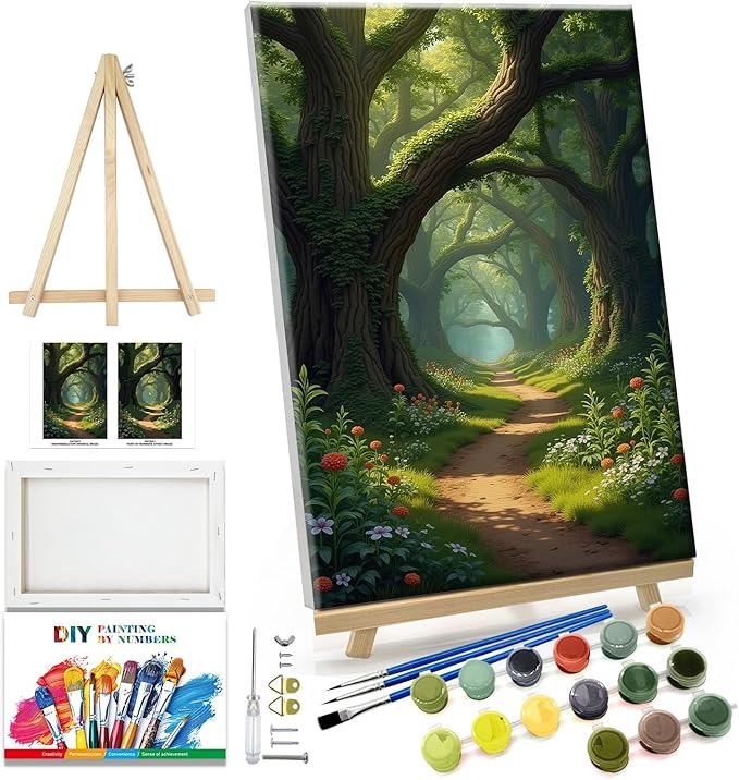 JOOZ Landscape Paint by Numbers Kit for Adults with Frame Forest Paint by Number with Easel Tree Adult Paint by Number Kits Framed Canvas Oil Painting Kits for Home Wall Decor 8x12 Inch