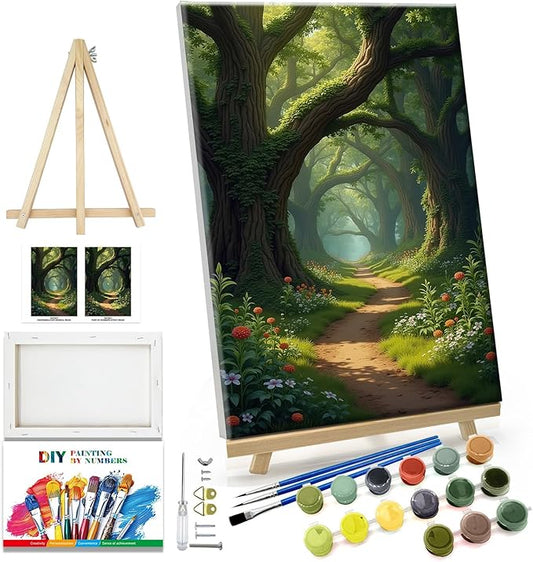JOOZ Landscape Paint by Numbers Kit for Adults with Frame Forest Paint by Number with Easel Tree Adult Paint by Number Kits Framed Canvas Oil Painting Kits for Home Wall Decor 8x12 Inch