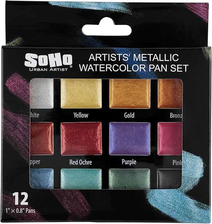 Soho Urban Artist Metallic Watercolors Set – 12 Vibrant Metallic Half Pans in Travel Case – Professional Shimmer Watercolor Paint Set for Artists, Crafters & Mixed Media