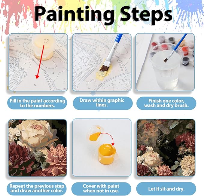 Cat Paint by Numbers Kit for Adults Beginners, Flowers Adult Paint by Number Kits on Canvas, Acrylic Painting by Number, DIY Crafts for Gift Home Decor 16x16 in