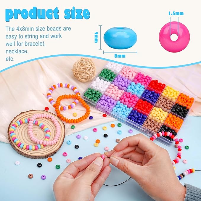 BONNY BOXX 1200PCs Acrylic Rondelle Beads Set, 4 * 8mm Colorful Flat Round Abacus Disc Spacer Beads, 12 Assorted Colors for DIY Jewelry Making, Bracelets, Necklaces, Earrings, Crafts Supplies