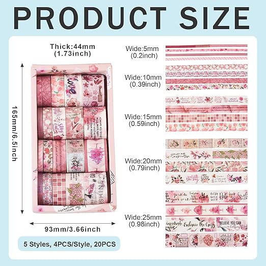 Beadthoven 20 Rolls Pink Washi Tape Set, 5/10/15/20/25mm Cute Floral Washy Paper Tape Decorative Tape Assorted Masking Tape Stickers for Scrapbooking Bullet Journal Planner Present Wrapping DIY Crafts