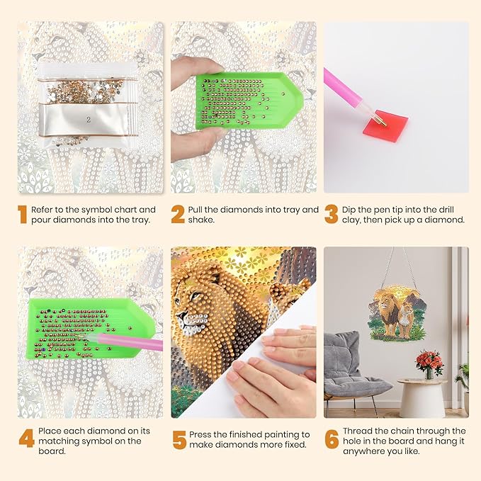 MXJSUA Lions Animals Diamond Art Hanging Kits for Adults Beginners, DIY Acrylic Special Shaped Crystal Animals Diamond Gem Art Pendant Drills Painting Ornament for Home Wall Decor and Gift