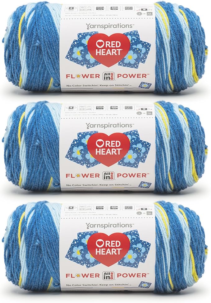 Red Heart All in ONE Flower Power Bluebell Yarn - 3 Pack of 8.8oz/250g - 100% Acrylic - #4 Worsted (Medium) - 440 Yards - Knitting/Crochet