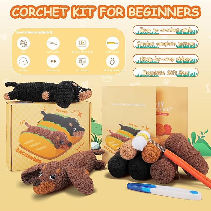 crochet kit for beginners - 2 pcs dachshund crochet kits with step-by-step video tutorials, beginner crochet kit for adults, crochet animal kit, dog craft knitting kit crochet gifts valentine's day
