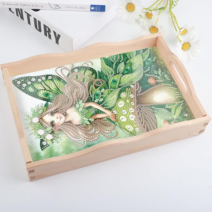 DIY Diamond Art Tray with Handle Diamond Art Painting Plate Creative Design Handmade Wooden Tray Mosaic Making Kits by Number Kit Diamond Art for Coffee Living Room Home Organizer (Green Mushroom Elf)
