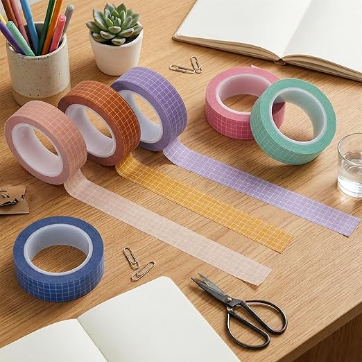 6 Rolls Grid Washi Tape Set, 0.4" x 32ft Decorative Plaid Masking Tapes Assorted Adhesive Arts Thin Checkered Washi Tape Scrapbook Tapes for Planners, Scrapbooking, DIY Crafts, Journals, Gift Wrapping