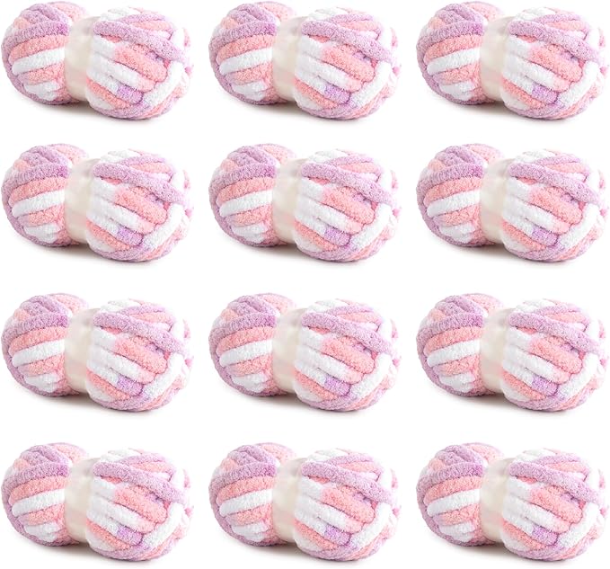 HOMBYS Chunky Tie Dye Mix Chenille Yarn for Hand Knitting, Super Bulky Jumbo Yarn for Crocheting, 3/4" Thick Soft Plush Yarn for Blankets, 12 Skein Pack (26 yds / 7.5 oz Each) Pink Purple