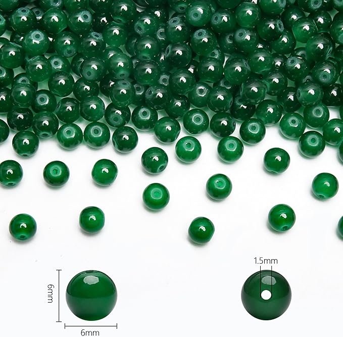 300PCs 6mm Deep Green Jade Glass Beads Bulk, Round Smooth Hole Glass Crystal Beads for Jewelry Making, DIY Bracelets, Necklaces, Bag Charms, Keychains and Craft Projects