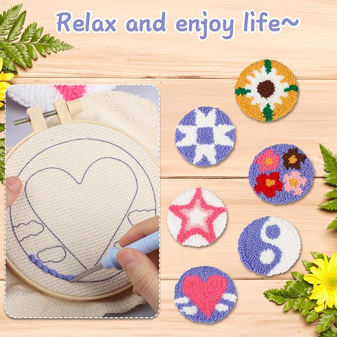 AIRDEA Punch Needle Drink Coasters Kit,Casual Punch Needle Embroidery Complete Kits for Beginner 3.29x3.29 Inches,Included All Accessories,DIY Car Coasters (Box-Blue Pink Yellow)