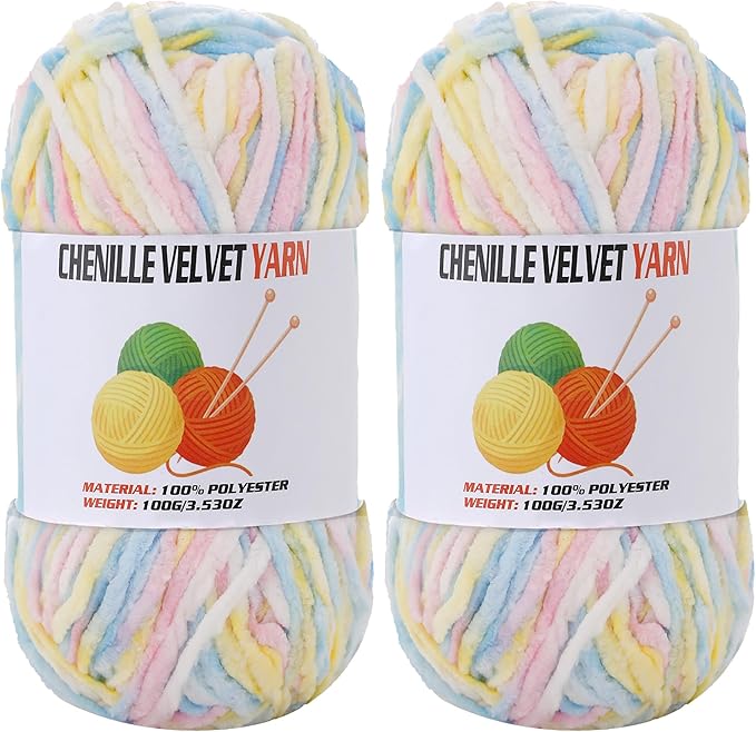 2 * 100g Velvet Chenille Chunky Yarn, Handcrafts Weaving Soft Chenille Yarn for Crocheting Clearance, Used for Making Baby Yarn Blanket, Clothes, Knitting Creations (Colorful - C)