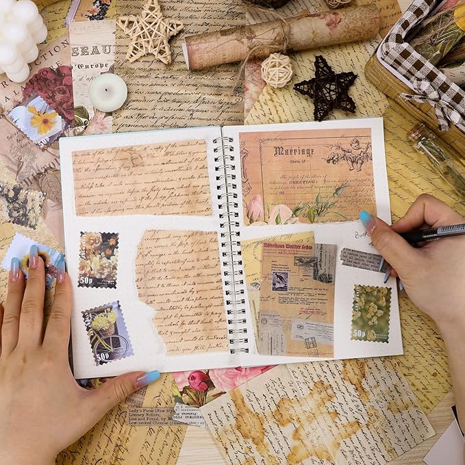 300PCS Vintage Scrapbooking Supplies Scrapbook Paper Journaling Kit Aesthetic Decorative Craft DIY Stickers Kits for Bullet Journaling, Junk Journal, Retro Crafts(Vintage)