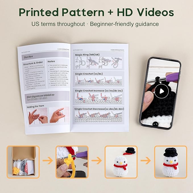 DoodleTwyst Amigurumi Crochet Kit – DIY Crochet Kit with Yarn & Tools – Fun Crochet Kits for Adults (Seal, Penguin, Snowman)