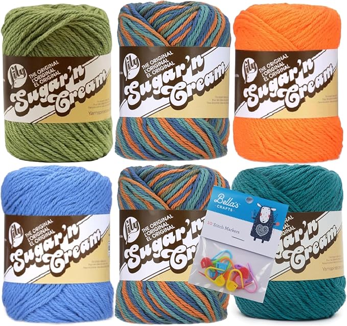 Lily Sugar'n Cream 100% Cotton Yarn 6-Pack Bundle with Bella's Crafts Stitch Markers (Capri Mix)