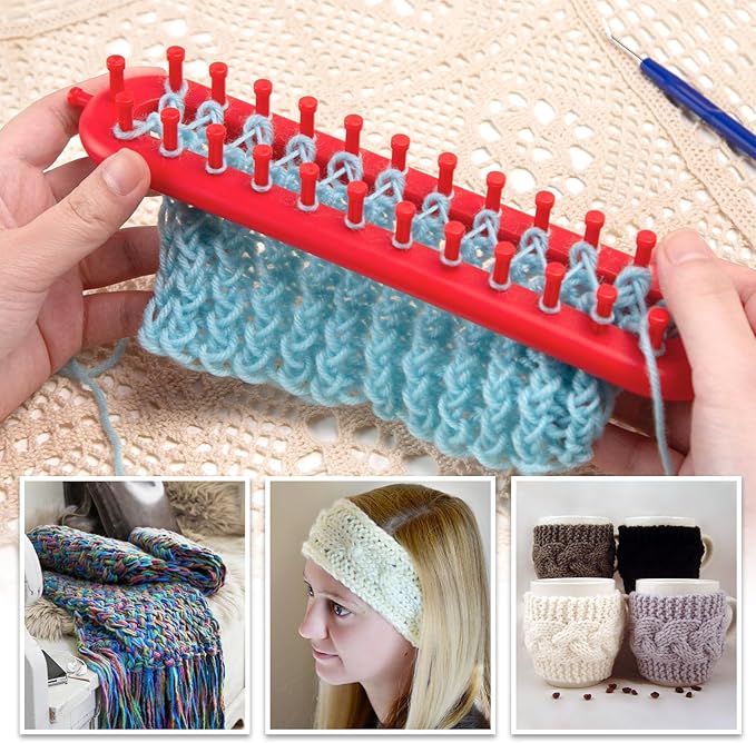vgoodall 18pcs knitting loom and pompom maker set, rectangle knitting looms pom pom makers with 9 yarn skeins acrylic knitting supplies for beginners christmas hat scarf shawl sweater socks
