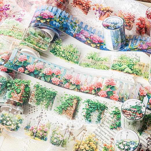 PET Tape Stickers for Journaling 6 Rolls Pre-Cut Flower Washi Tape Stickers Decorative Tape for Crafts Scrapbooking Junk Journal Supplies, Plants Fence