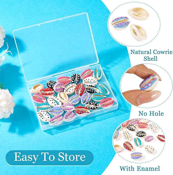 Cheriswelry 28Pcs Natural Spiral Shell Beads Print Polka Dot Sea Shells Beach Spacer Beads Cowrie Shell Loose Bead 17-22mm for DIY Summer Earring Bracelet Necklace Jewelry Making