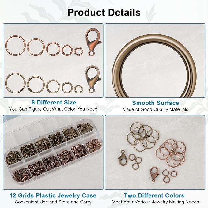 Amrules 1200 Pcs Jump Rings, Jewelry Making Kit with Open/Close Tools, Pliers, Tweezers, Lobster Clasps, DIY Necklace Repair and Keychain Supplies (Antique Cyan & Antique Red)
