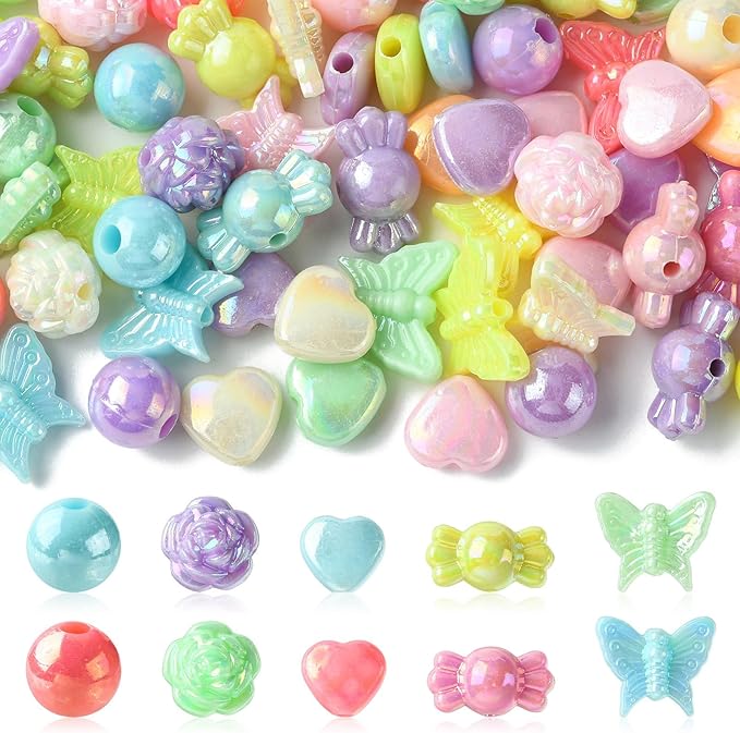 Ipotkitt 1 Box AB Color Opaque Acrylic Beads Candy Color Spacer Bead Kit Round Heart Butterfly Candy Rose Beads for Bracelets Jewelry Making DIY Crafts