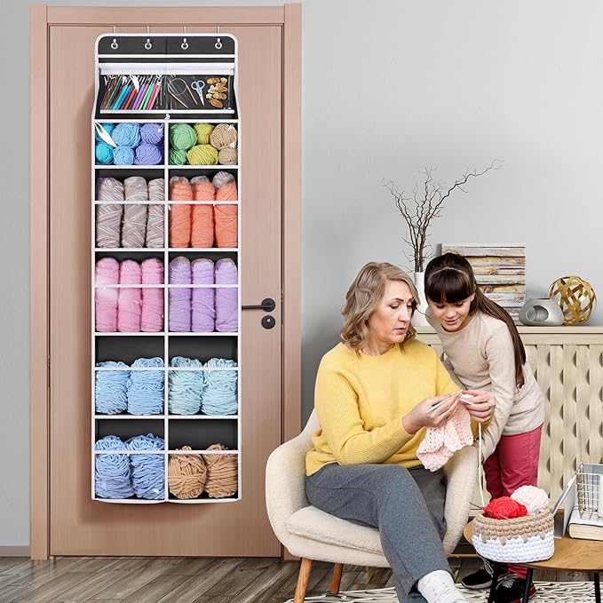 Univivi 6 Tiers Hanging Yarn Storage Organizer, Large Knitting Organizer with 12 Deep Clear Pockets & 10 Mesh Side Pockets, Over The Door Yarn Holder for Crochet Hooks, Knitting Needles, Dark Grey