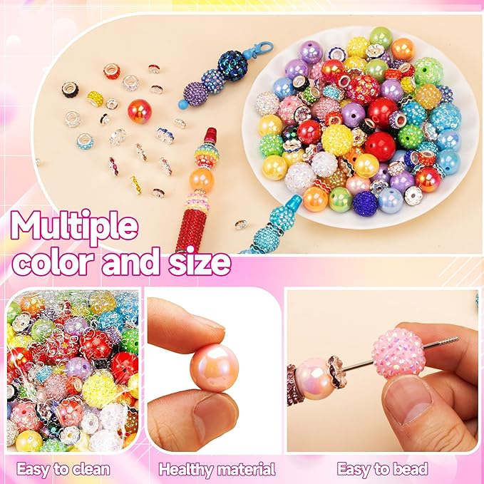 190 Pcs Beads for Pens Making, Included Rondelle Spacer Bead and 16/20mm Bubblegum Beads for Pen, Acrylic Bead for Jewelry Making, Bracelets, Beadable Pens, Christmas Gifts