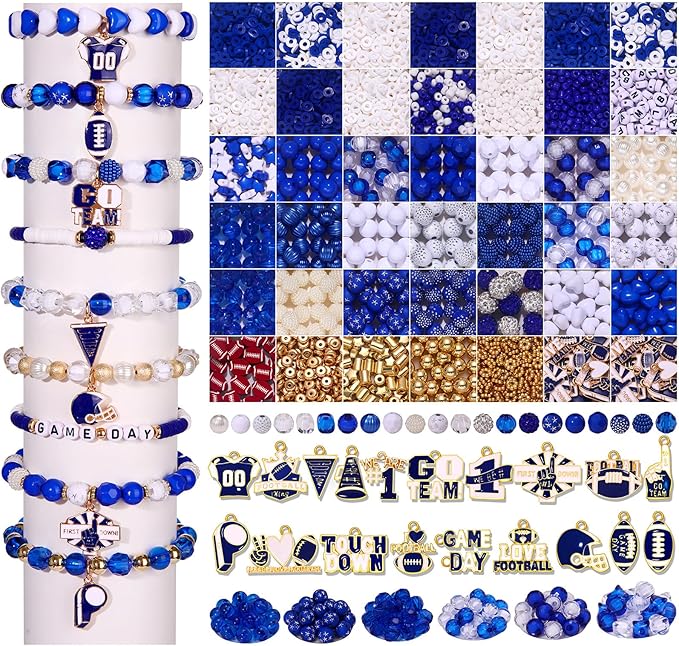 3000PCS+ Game Day Beads for Bracelets Making Blue White Clay Heishi Beads Pearl Acrylic Letter Bead Enamel Football Charms for Bracelet Earrings Necklace Making DIY Game Day Accessories (Blue White)