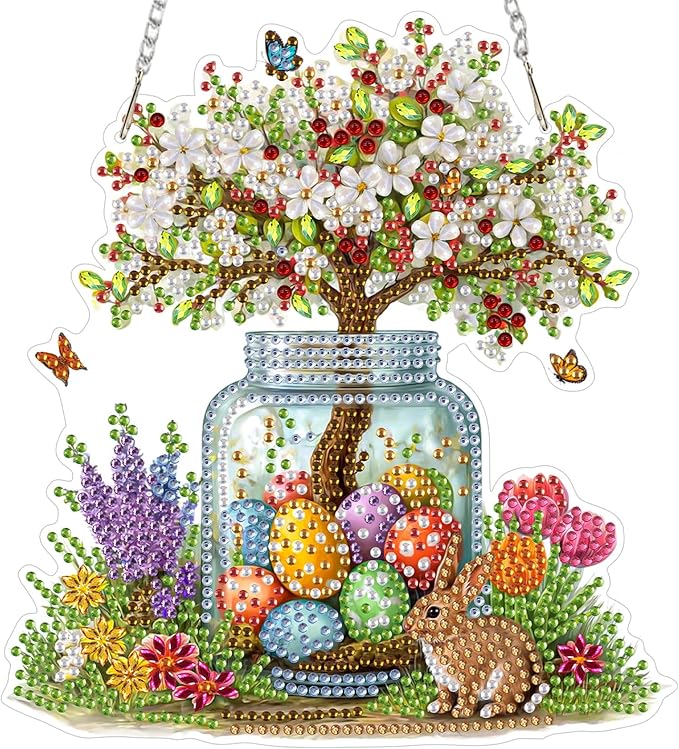 Lxmsja DIY Blossom Tree Jar Diamond Painting Hanging Ornament, Double-Sided Acrylic Bunny Flowers Diamond Art Kit, Special Shaped Suncatcher Hanging Pendant Window Art Kit
