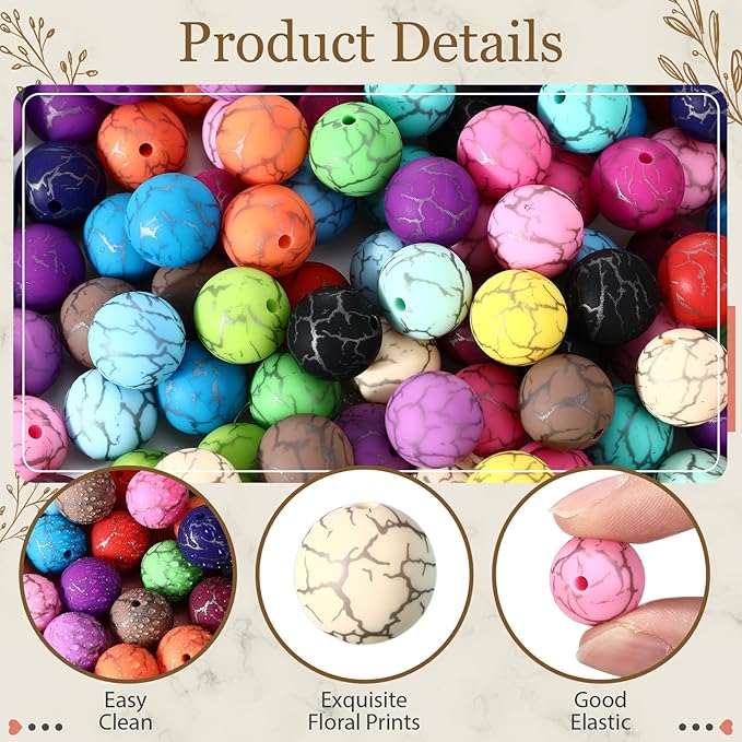 Ferreve 120 Pcs 15mm Silicone Beads Bulk Silicone Beads Print Rubber DIY Bracelet Making Kit for Keychain Making Pens Necklace Jewelry(Crack)