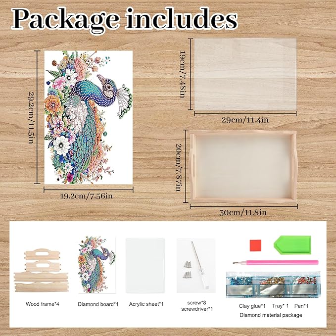 AiYuanzsh 5D Diamond Art Tray with Handle for Adults DIY Diamond Art Plate Kits Peacock Picture Diamond Art Painting Dinner Plate for Coffee Living Room Home Organizer Parties Family Gatherings