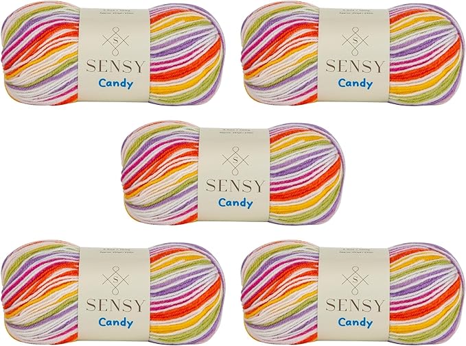 Sensy Candy Yarn - 5 Skeins, 3.5 oz, 251 Yards, Multicolor for Crocheting and Knitting, Light Gauge 3