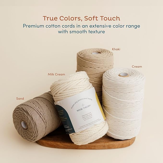 Nook Theory Macrame Cord - 4mm 109 Yards Cotton Rope, 3mm 5mm Yarn, String for Crafts, Perfect for Macrame Wall Hanging and Boho Decorations (Cream)