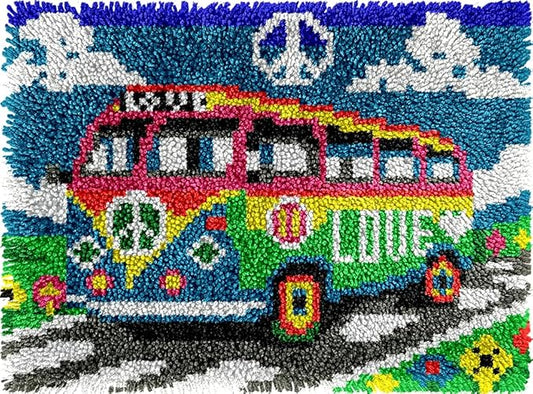 Love & Peace Bus Latch Hook Kits for Adults Kids Beginners Anti-war Latch Hook Rug Kit Pre-Printed Hook and Latch Carpet Making Kits Cross-stitch DIY Wall Hanging Crochet Set 20x15 In. Craft Gift