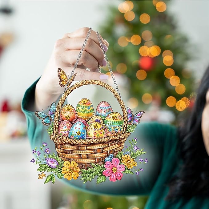 Kaliosy Sun Catcher Easter Window Hanging - Outdoor Porch Decor, Eggs Flowers-Themed Diamond Art Ornament, Acrylic Board Diamond Painting for Wall Home Garden, Front Door Sign, Indoor Decor 8x8 inch