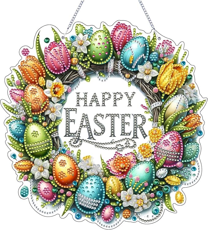 VODAPYC Easter Wreath Diamond Art Hanging Kits for Adults, DIY Double Sided Partial Special Shaped Diamond Art Window Pendant Ornament(Happy Easter Wreath)
