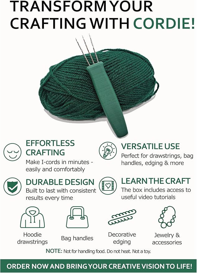 House Village Cordie - I-Cord Hand Tool for Knitting, Crochet, I-Cord Bind Offs and DIY Crafts (Leaf Green) - Cord Maker, Compact Durable Craft Tool with Video Instructions