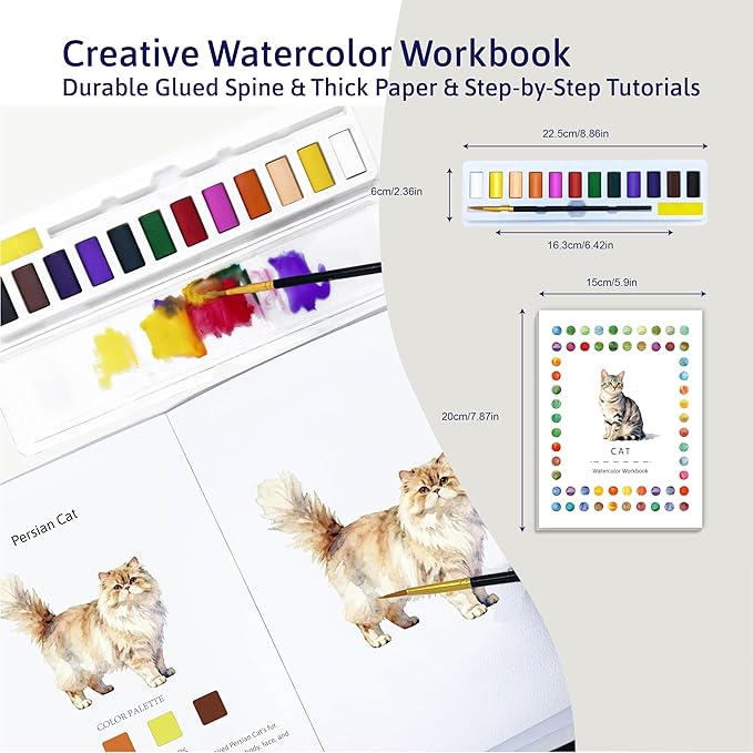 Watercolor Workbook Creative Insect Water color Paint Book Set with Paints & Brush, 12 Patterns of Original DIY Designs, Beginner-Friendly Adult Coloring Books (Cat)