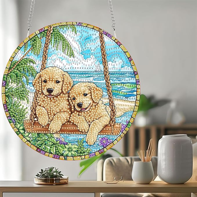 Bimkole Swing Dog Diamond Art Hanging Kit for Adult, DIY 5D Diamond Art Animal Window Pendant, Acrylic Crystal Art Hanging Ornament Home Wall Garden Front Door Sign Outdoor Decor 7.8x7.8 Inch