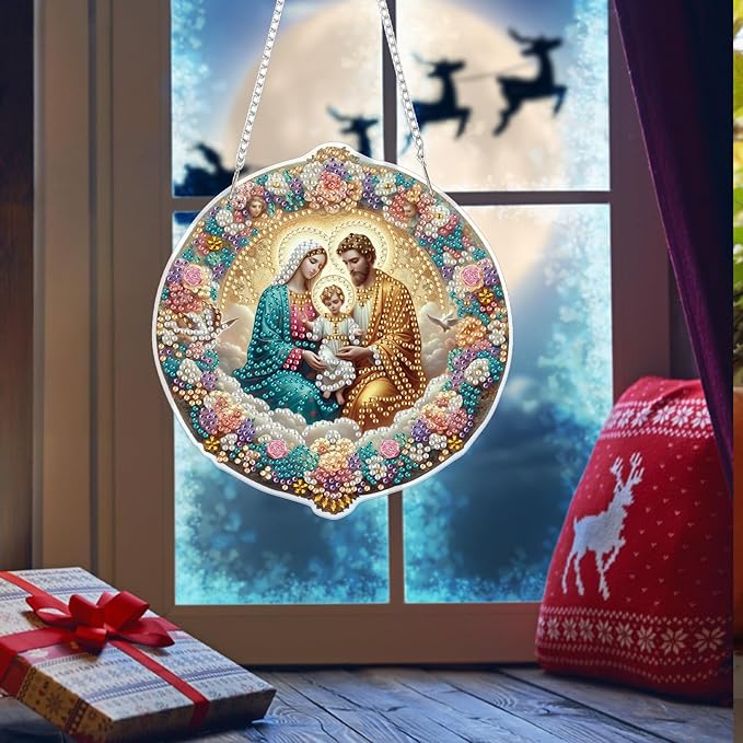 Bowetile Nativity Sence Diamond Art Hanging Kits for Adults, Christmas Diamond Art Suncatchers, 5D Special Shape Diamond Painting Pendant Window Ornament Christmas Gifts for Home Door Wall Decor