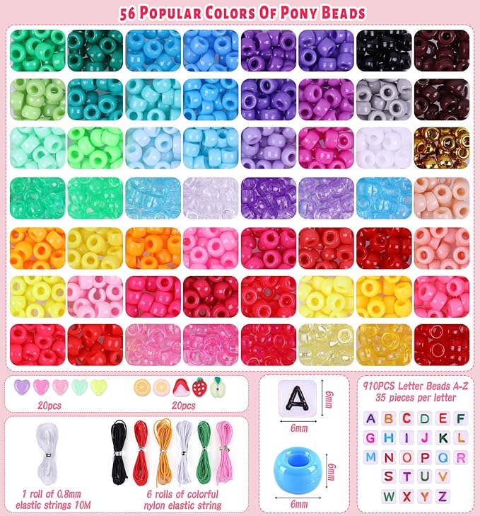 3050 Pcs Pony Beads for Bracelet Making Kit, 56 Colors 6x9mm Rainbow Kandi Beads, Friendship Bracelet Kit with 1000 Pcs A to Z Colorful Letters for Name Bracelets Jewelry Making for Adults