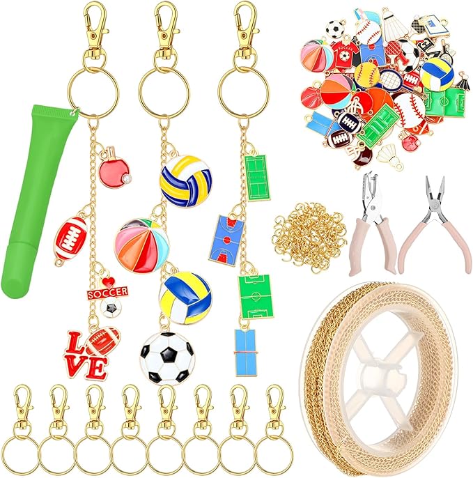 VioraWhite 213 Pcs Lip Gloss Keychain Making Kit 100 Pink Enamel Charms 32.81 ft Gold Chains for DIY Crafts Women(Sports Theme)