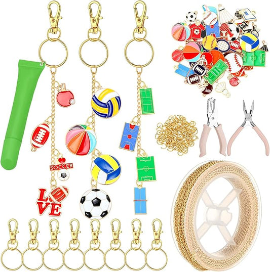 VioraWhite 213 Pcs Lip Gloss Keychain Making Kit 100 Pink Enamel Charms 32.81 ft Gold Chains for DIY Crafts Women(Sports Theme)
