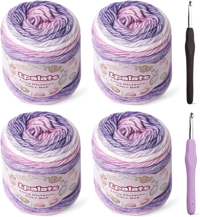 Ombre Yarn for Crocheting - 4x100g Soft 60% Cotton 40% Acrylic Yarn - 962 Yds Gradient Cake Yarns for Knitting Shawls Blankets Sweater with 2 Crochet Hooks (4, Purple Gradient)