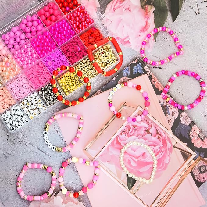2220Pcs Valentine’s Day Beads for Jewelry Making, Pink Red Polymer Clay Beads Assorted Pearl Beads Acrylic Round Beads Valentines Bracelet Beads Heishi Flat Round Letter Beads Silver Gold Spacer Beads