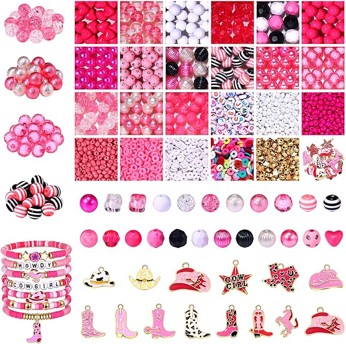 XOCARTIGE 2000PCS+ Western Beads Charms for Jewelry Making, Pink Clay Beads Pearl Crystal Spacer Beads Boot Hat Star Pony Charms for Western Bracelet Making DIY Necklace Earrings Crafts Gifts